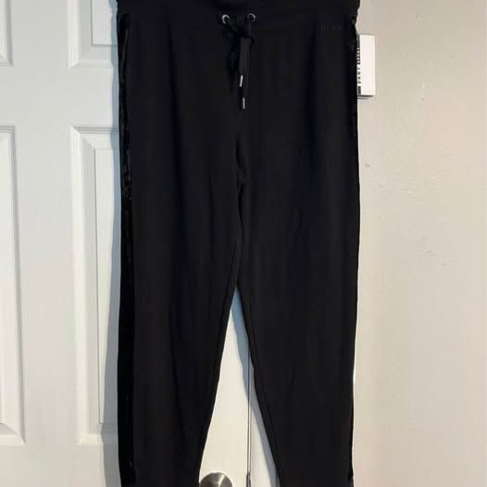 DKNY Sport Women’s XL Black Jogger Pants Velvet Side Stripe NWT Drawstring